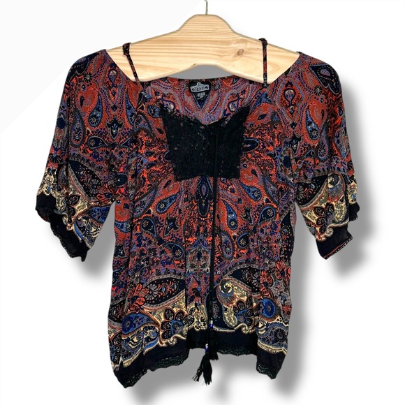 Angie Paisley Print Top 2X Black Lace Trim Bohemian Blouse Boho - Picture 1 of 4